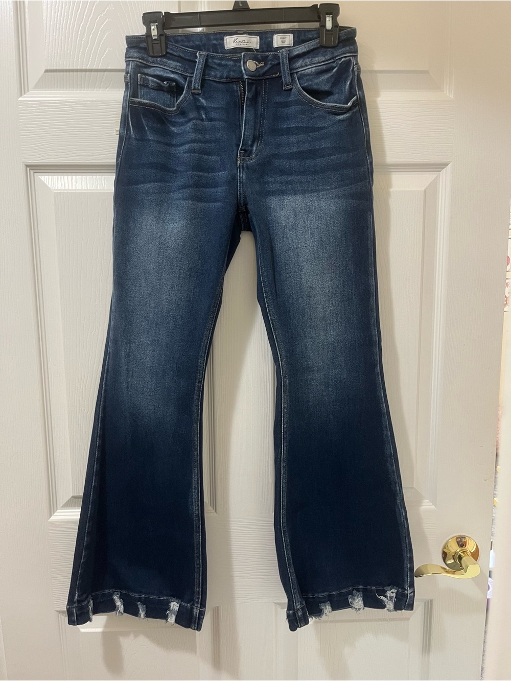 KanCan Dark Blue High-Rise Flare Jeans with Frayed Hem - Picture 2 of 5